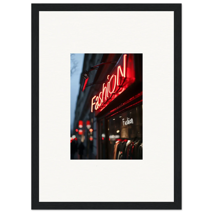 Neon red Fashion sign glowing on storefront for stylish room decoration or canvas print