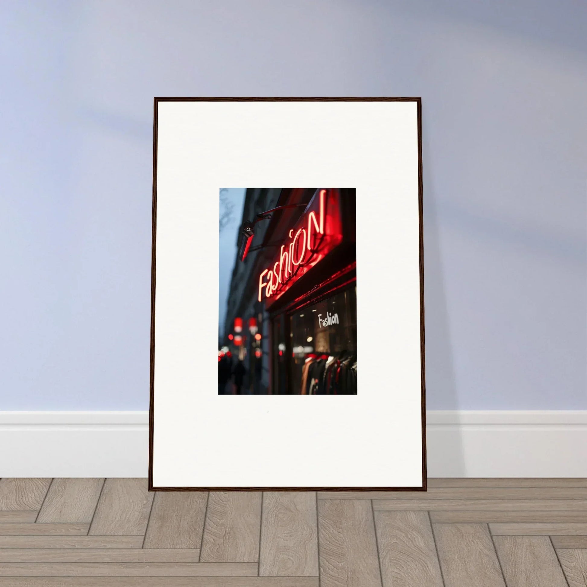 Framed photograph of a neon FASHION sign for trendy room decoration in Urban Symphony style