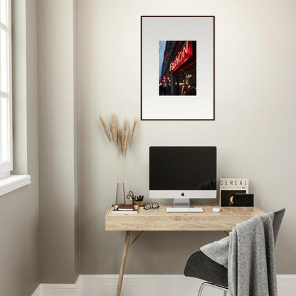 Stylish minimalist wooden desk with monitor, perfect for Urban Symphony room decoration