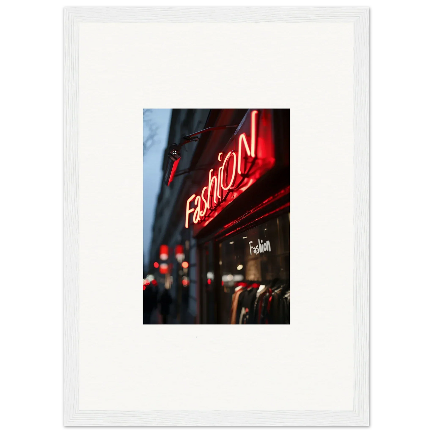 Neon red Fashion sign lighting up a storefront, perfect for Urban Symphony room decoration