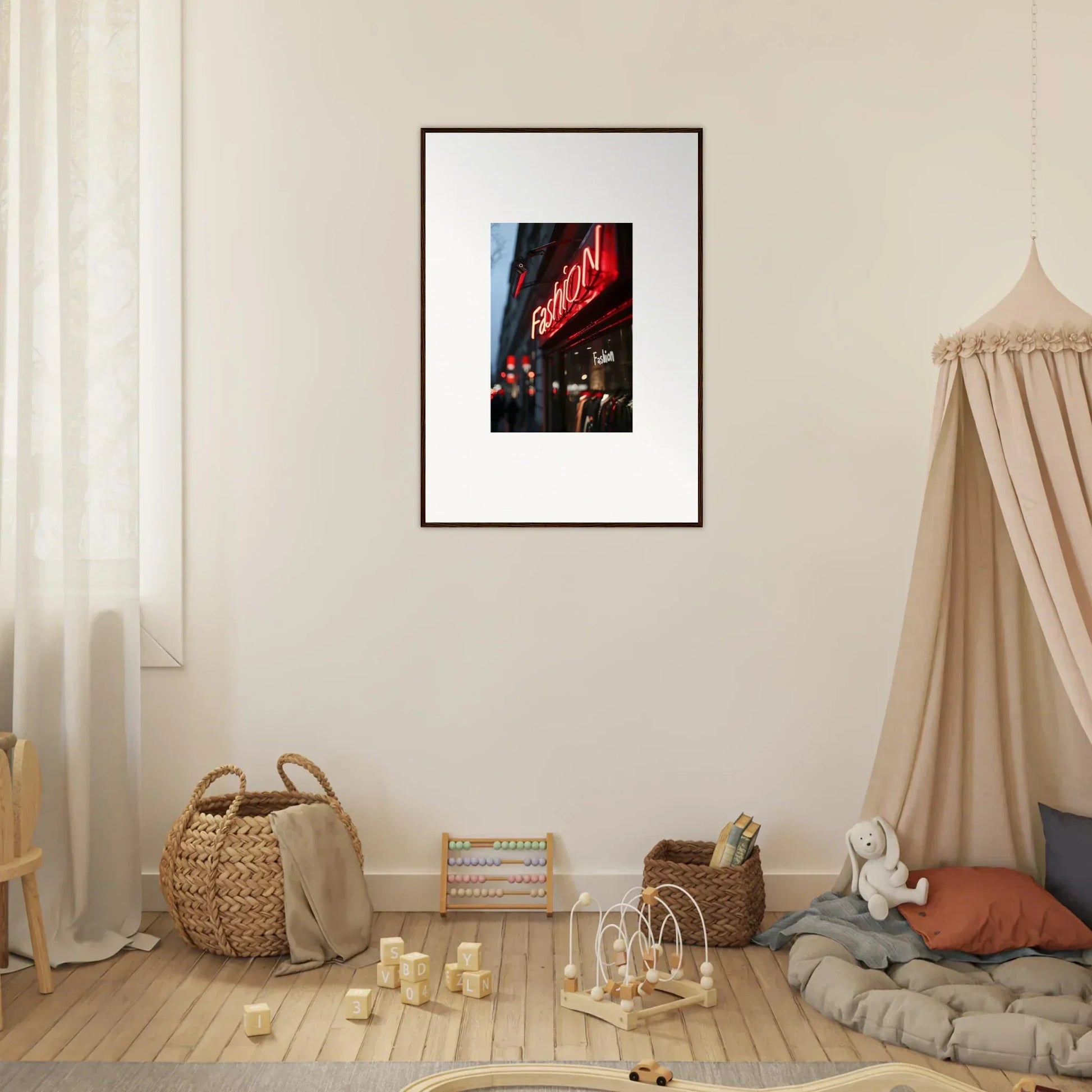 Framed photography of a neon urban symphony perfect for cool room decoration