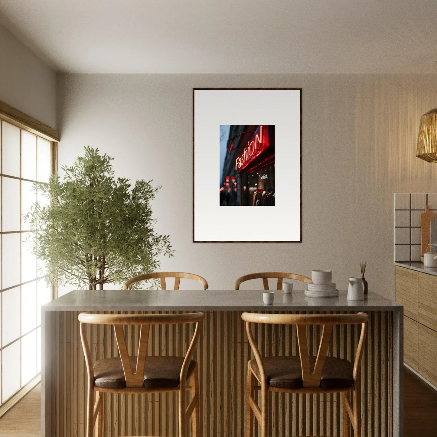 Dining area with a white table, wooden chairs, and Neon Urban Symphony canvas print