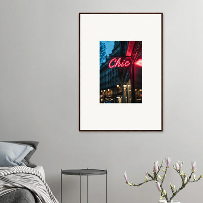 Framed Chic neon sign capturing urban whispers at night in Neon Urban Whispers decor