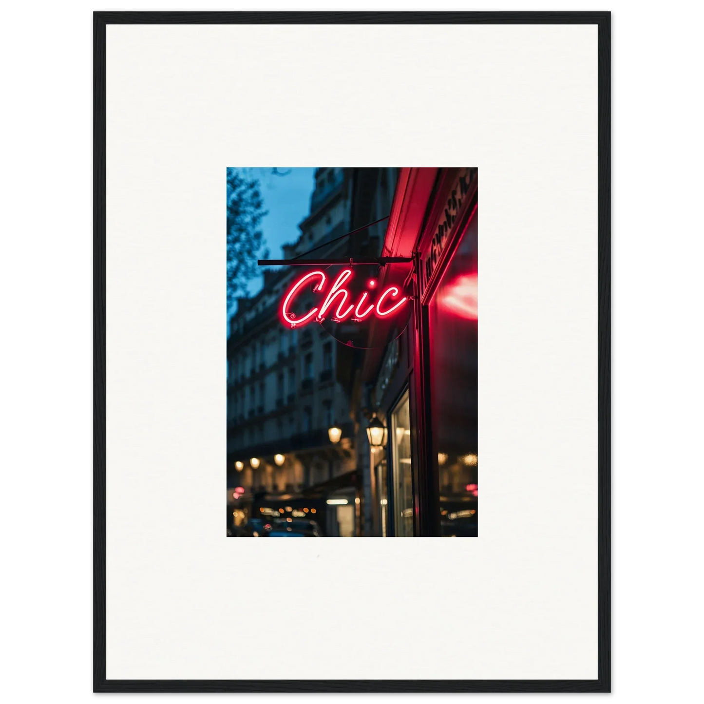 Framed photo of a Chic neon sign at night, part of Neon Urban Whispers collection