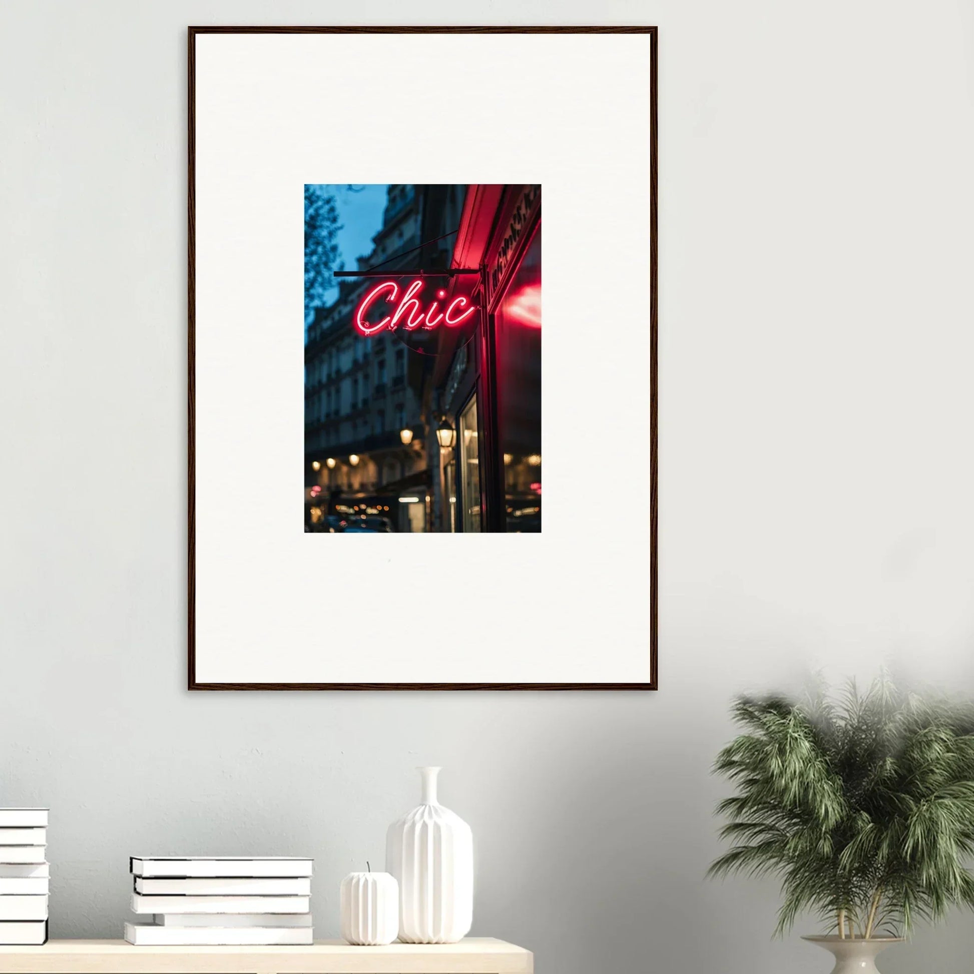 Framed photo of a neon Chic sign lit up at night in Neon Urban Whispers style