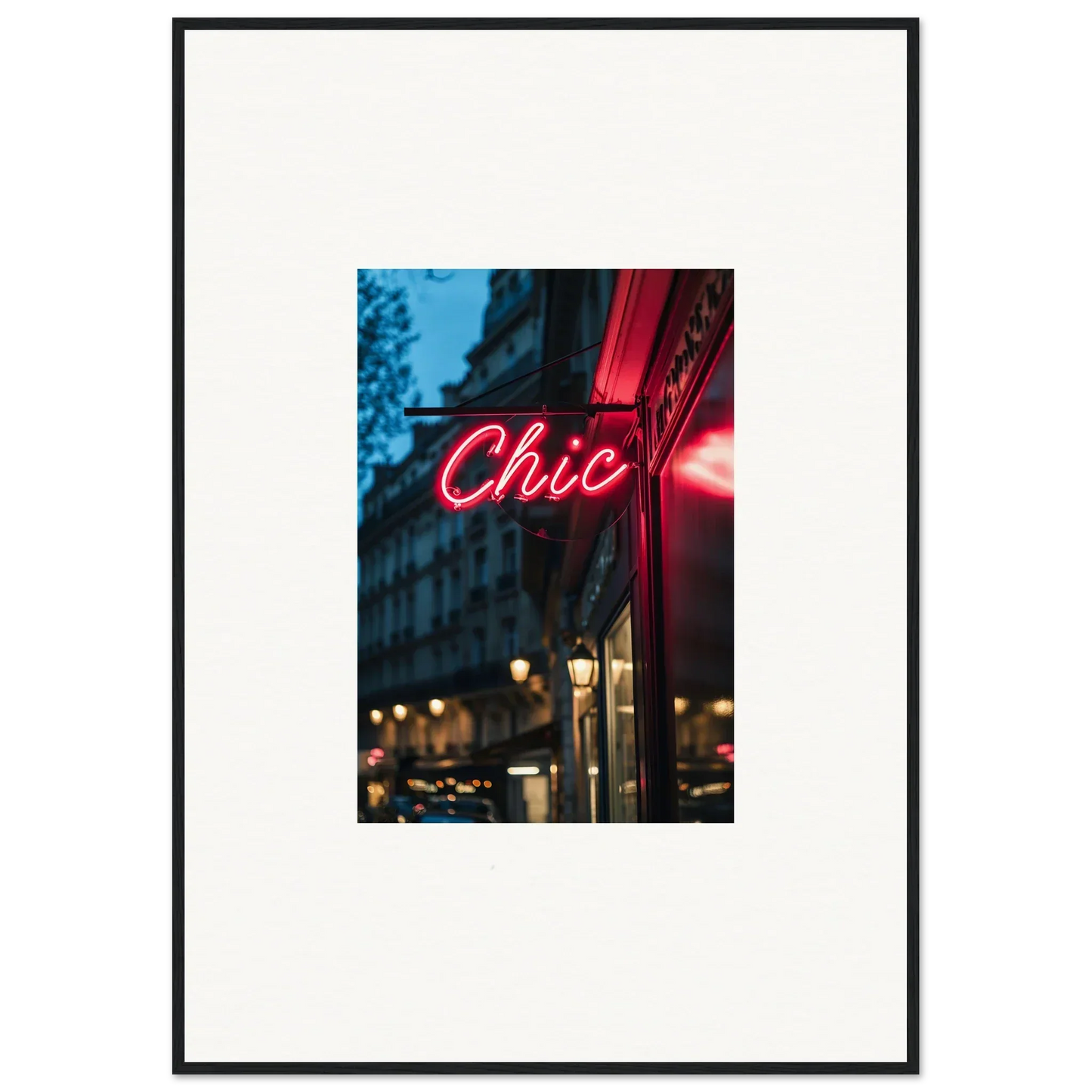 Framed photograph of a neon Chic sign showcasing Neon Urban Whispers vibe at night