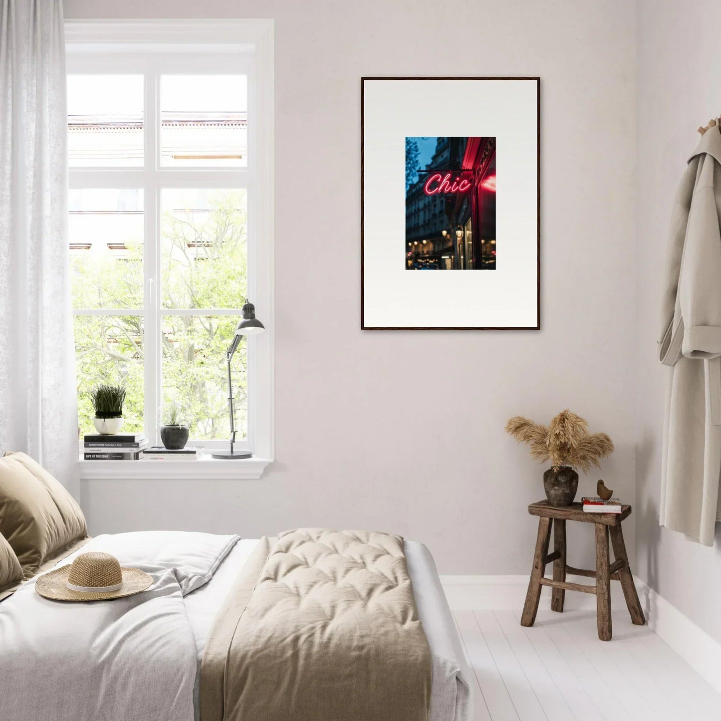 Cozy bedroom featuring a Neon Urban Whispers ’Ciao’ sign for a vibrant vibe