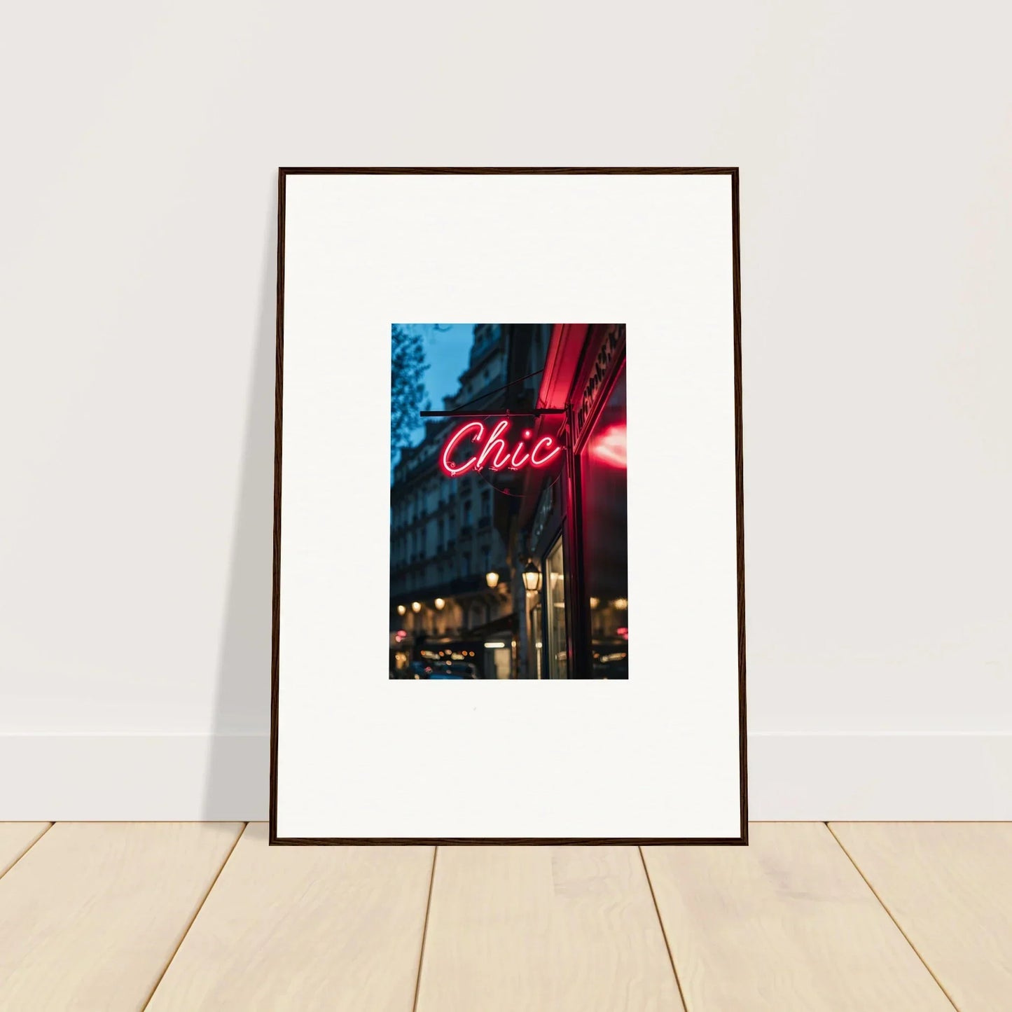 Framed Chic neon sign in a vibrant nighttime urban setting for Neon Urban Whispers