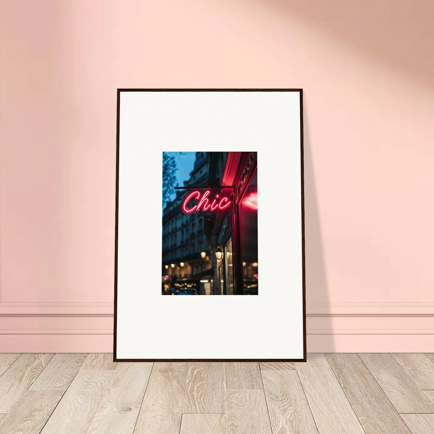 Framed photo of a neon Chic sign shining over a storefront, a perfect Neon Urban Whispers vibe