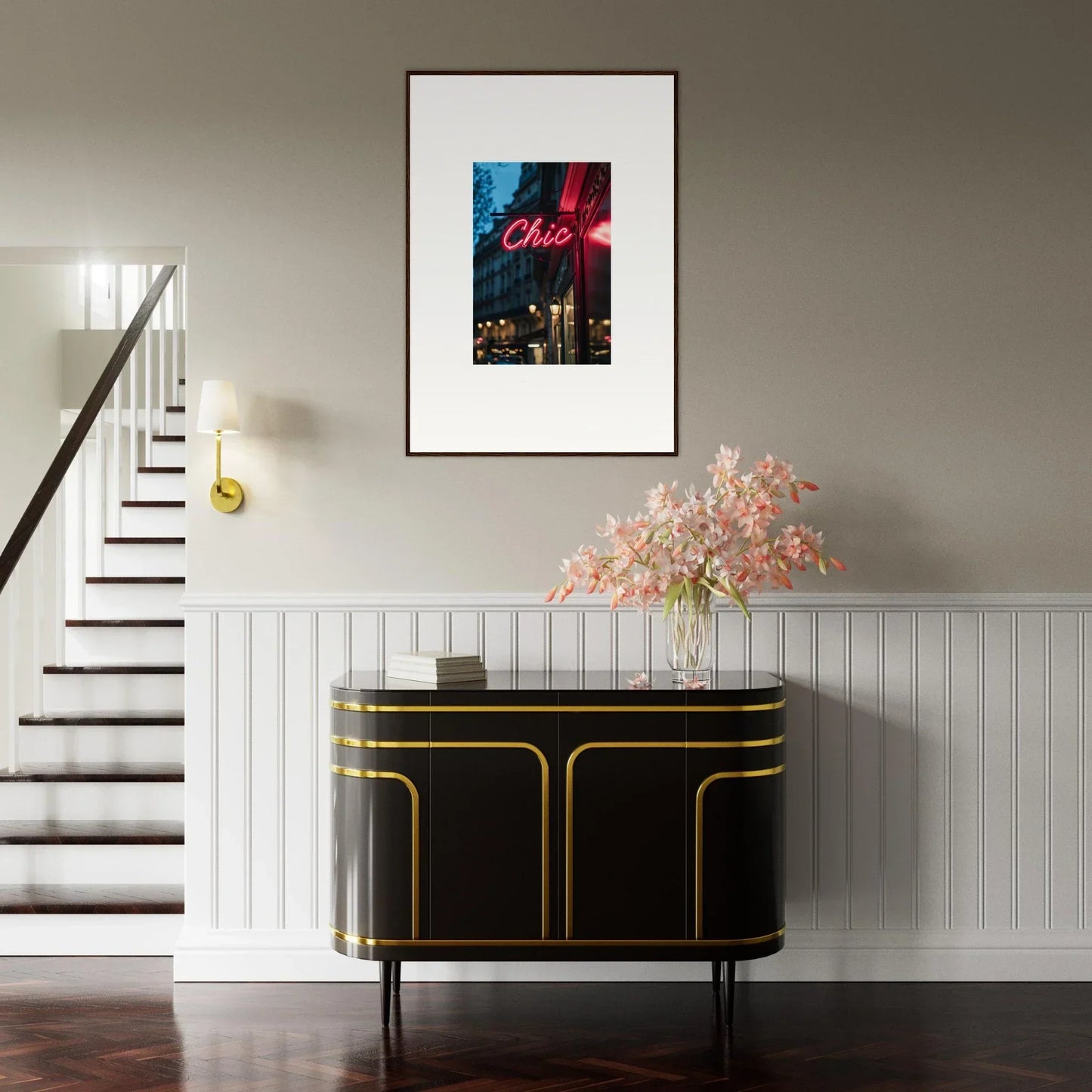 Framed neon Urban Whispers Club sign above a chic black and gold console table