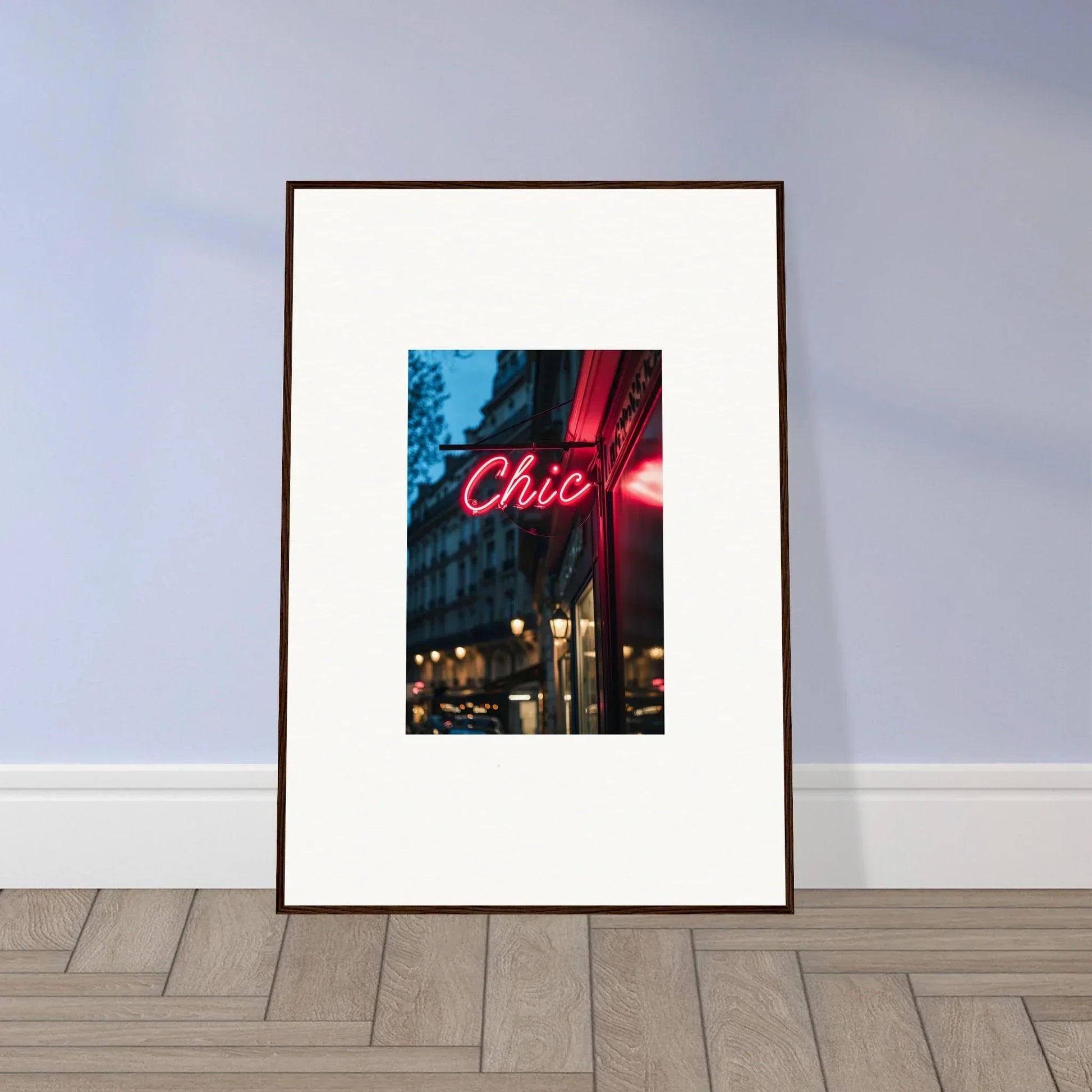 Framed photo of a Chic neon sign highlighting Neon Urban Whispers in the night