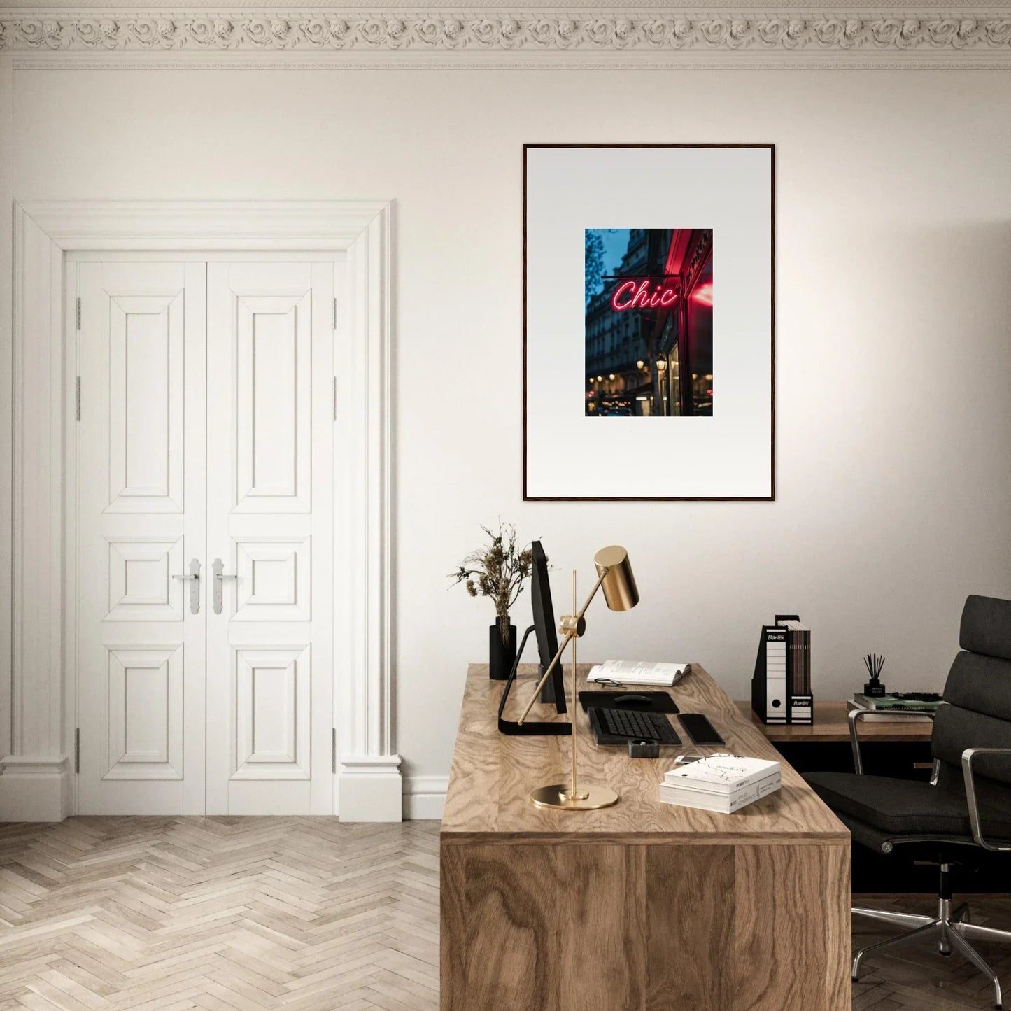 Elegant home office with wooden desk, typewriter, and Neon Urban Whispers artwork