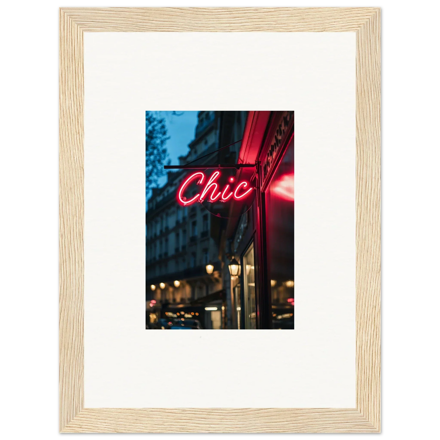 Framed photo of a neon Chic sign, part of Neon Urban Whispers collection at night