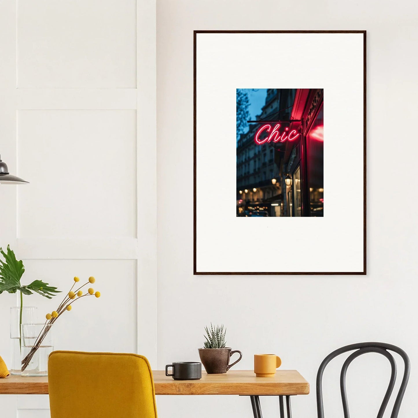 Framed photograph of a neon Chic sign in Neon Urban Whispers against a city night