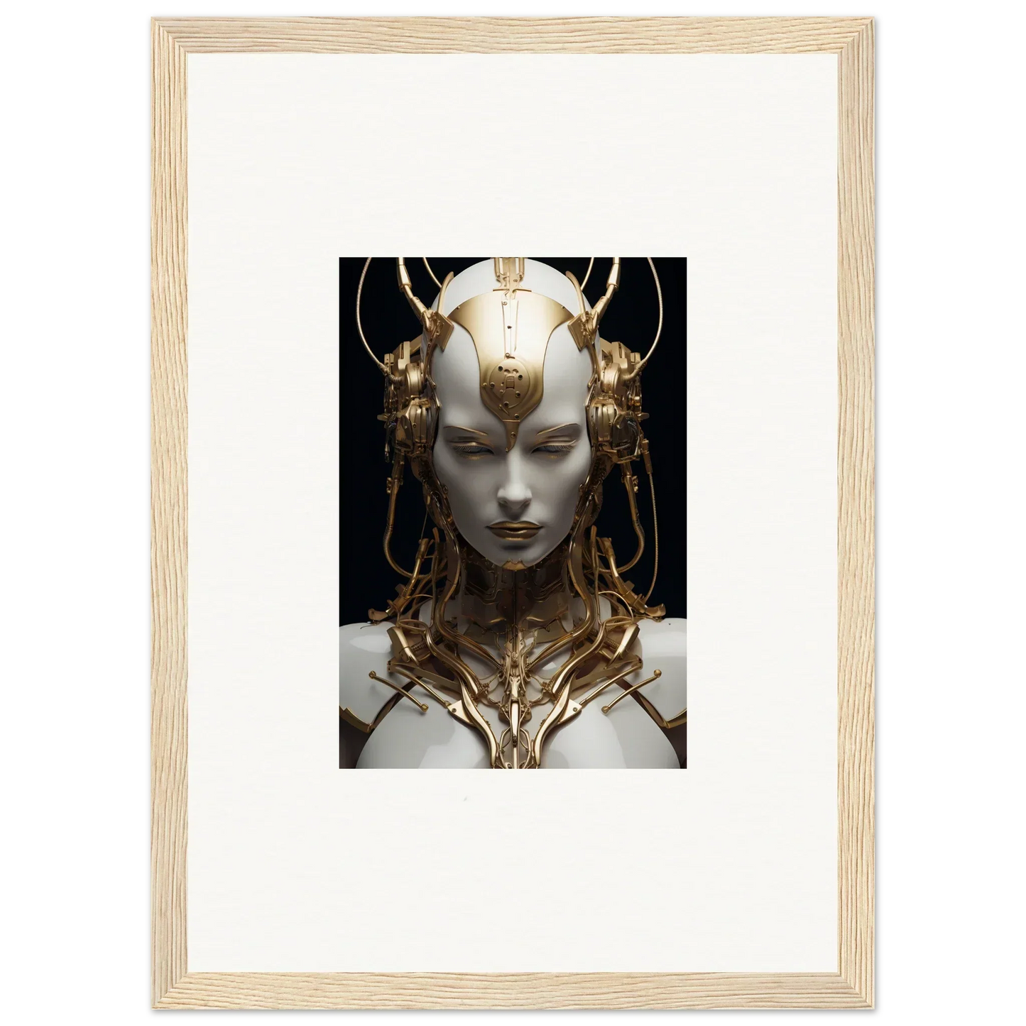 Framed canvas print of a futuristic humanoid in an ornate golden headpiece for room decoration