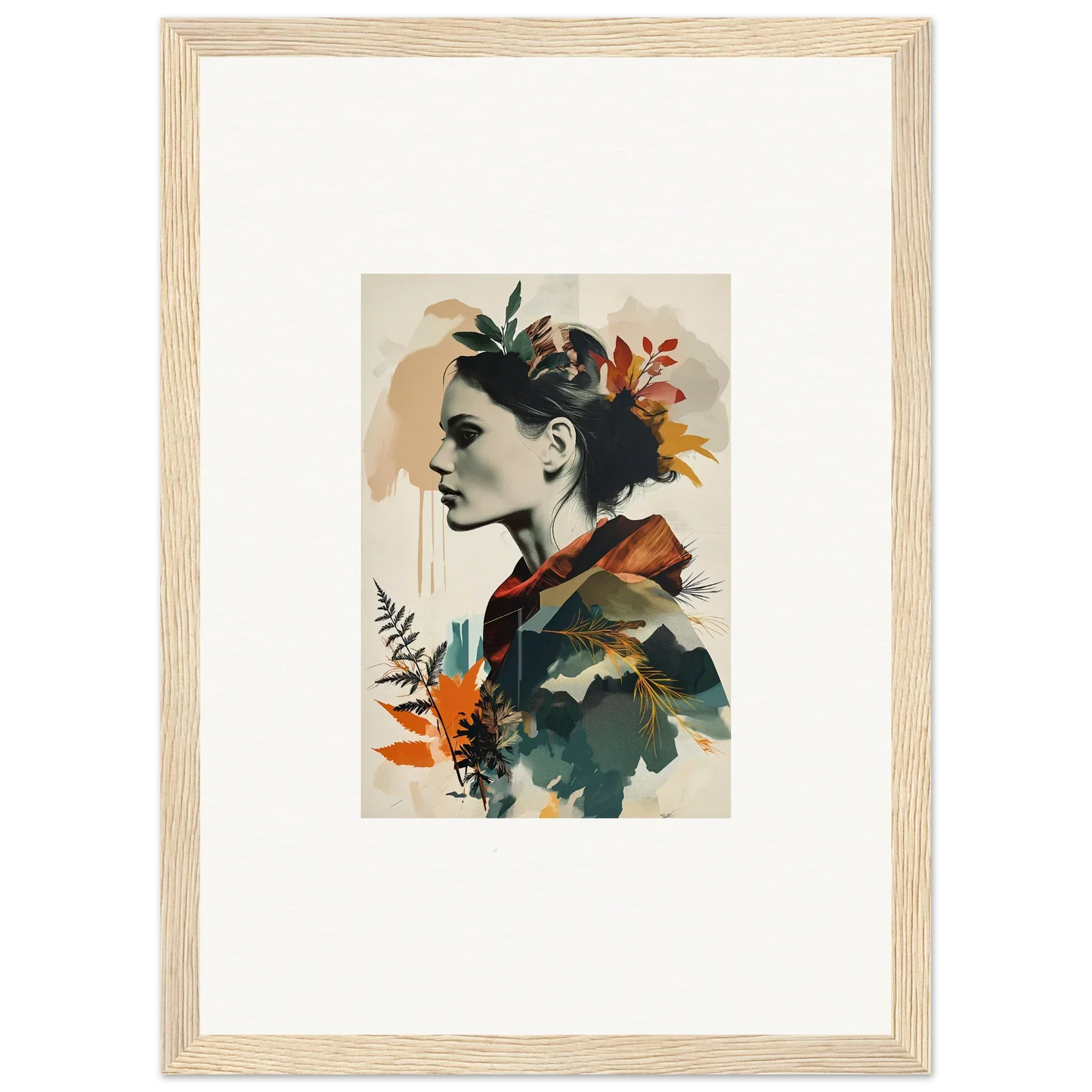 Framed wall art of autumn waltz with profile portrait and foliage elements