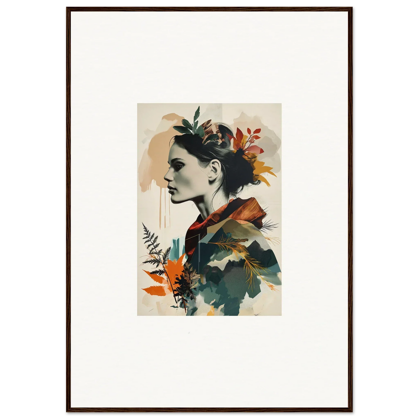 Framed wall art of autumn waltz with a profile portrait and colorful foliage