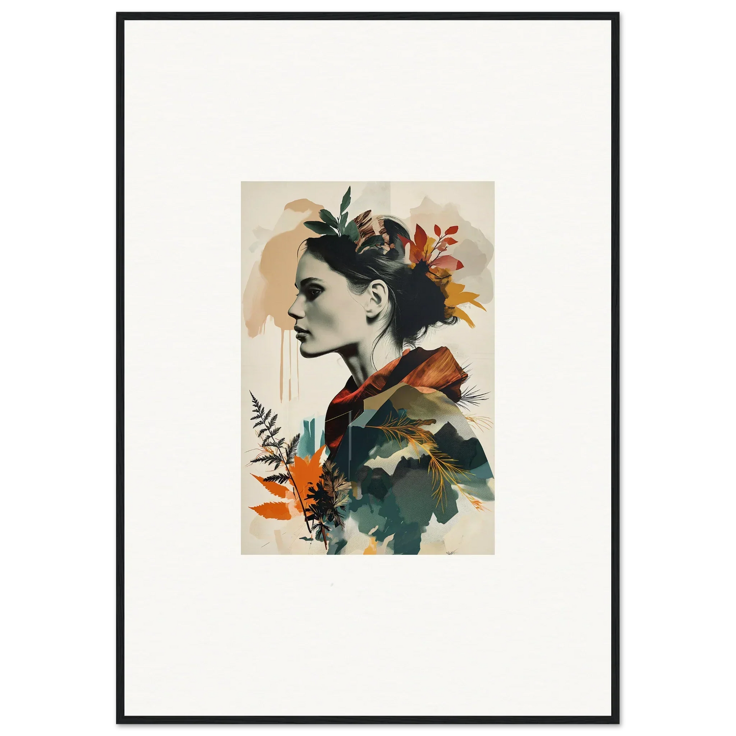 Portrait of a woman decorated with autumn leaves, ideal for framed wall art and room decor