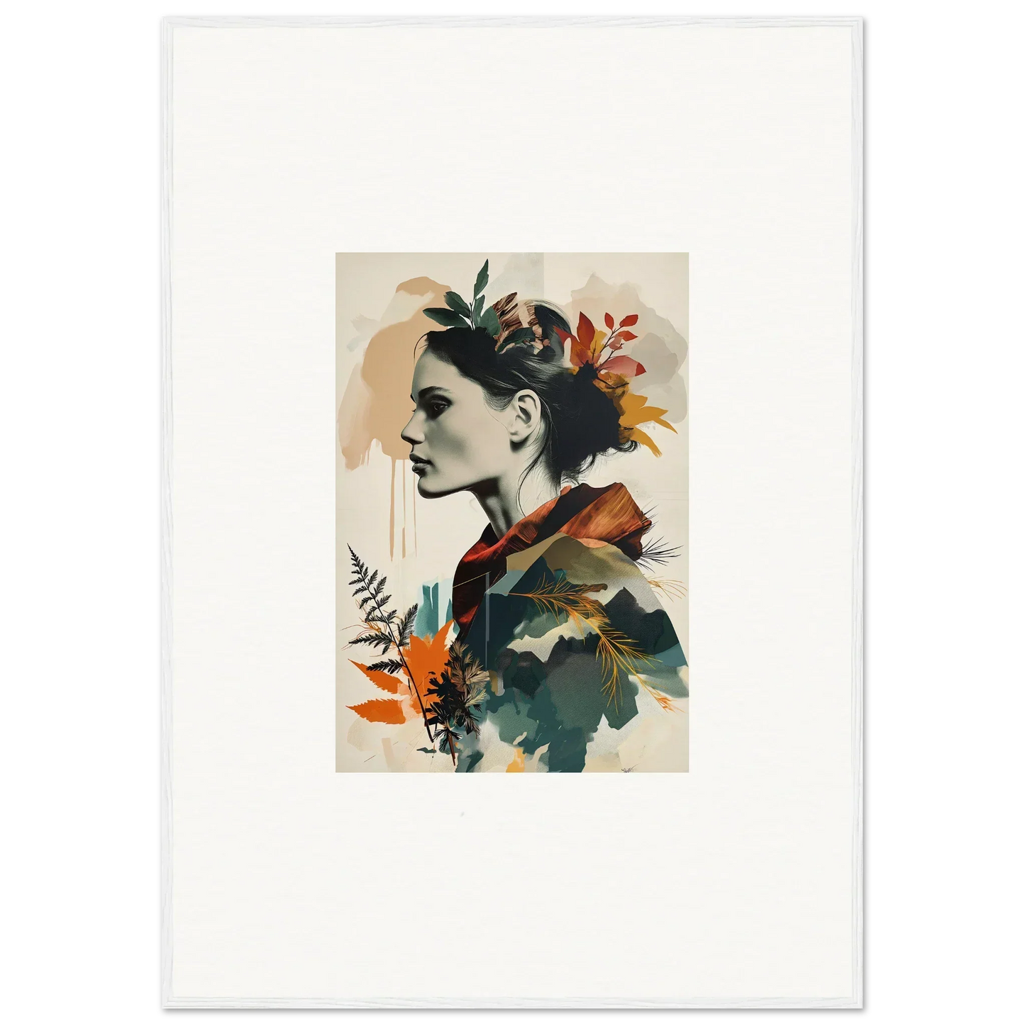 Portrait of a woman with autumn leaves in clothing, perfect for Autumn Waltz room decor