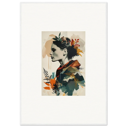 Portrait of a woman with autumn leaves in clothing, perfect for Autumn Waltz room decor