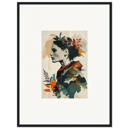 Framed wall art of a profile portrait with autumn leaves for chic room decor