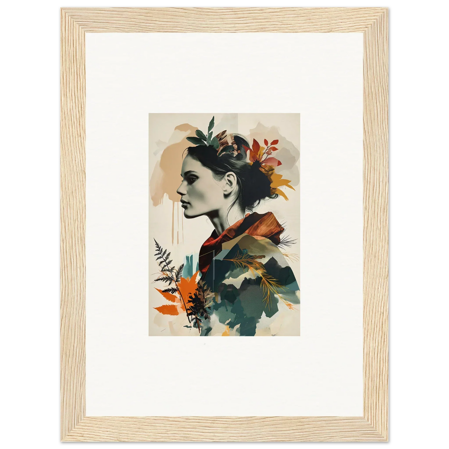 Framed wall art of a profile portrait blended with autumn waltz foliage, ideal room decor