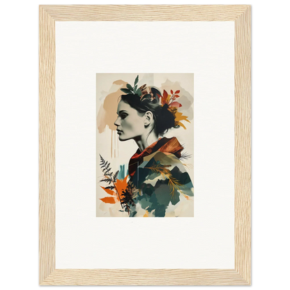 Framed wall art of a profile portrait blended with autumn waltz foliage, ideal room decor