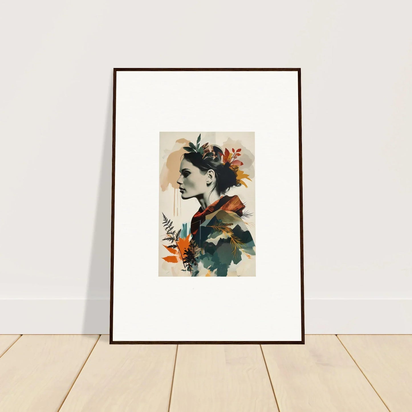 Framed wall art featuring a profile portrait and abstract floral elements for autumn waltz room decor