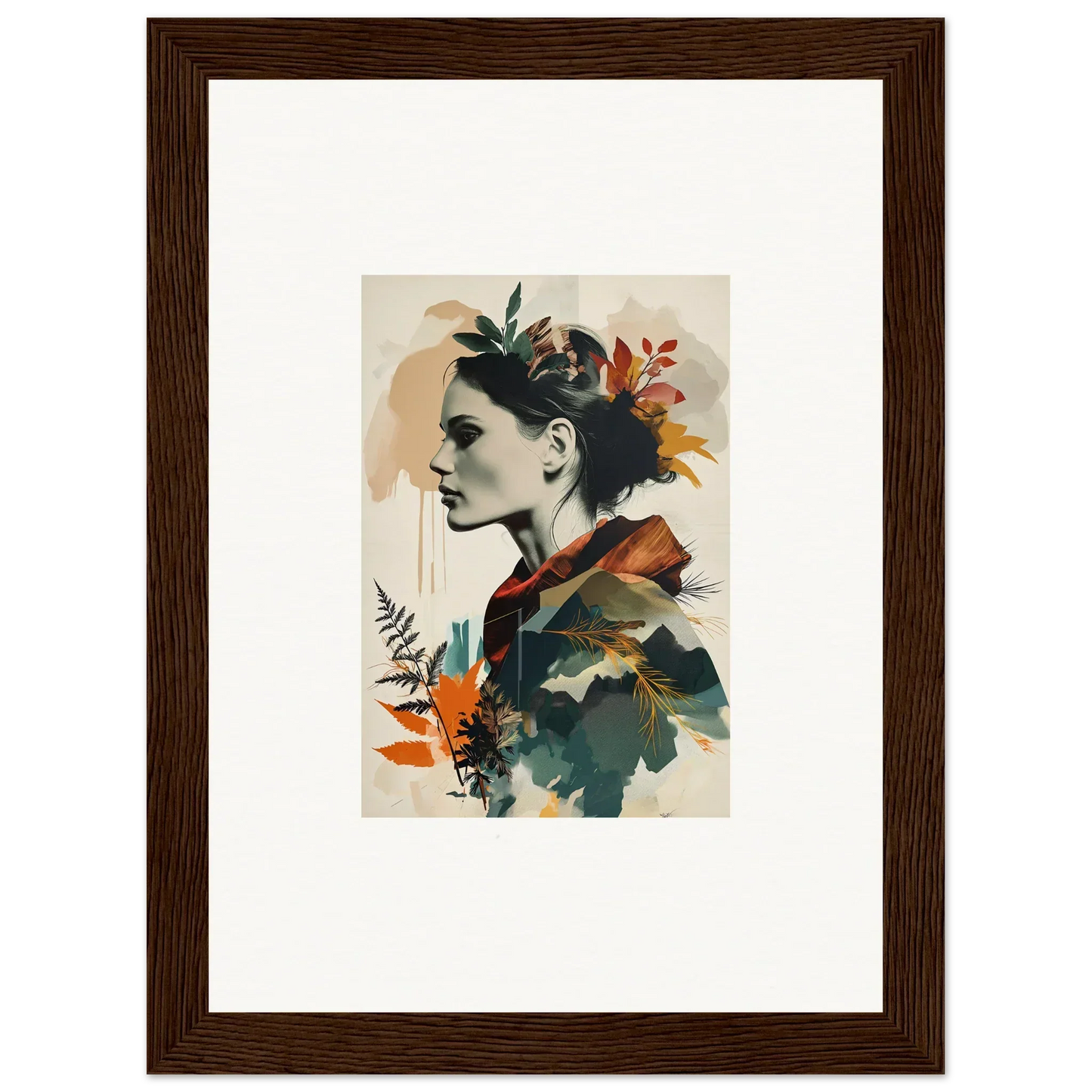 Framed wall art of a woman’s profile with autumn leaves for stylish room decor