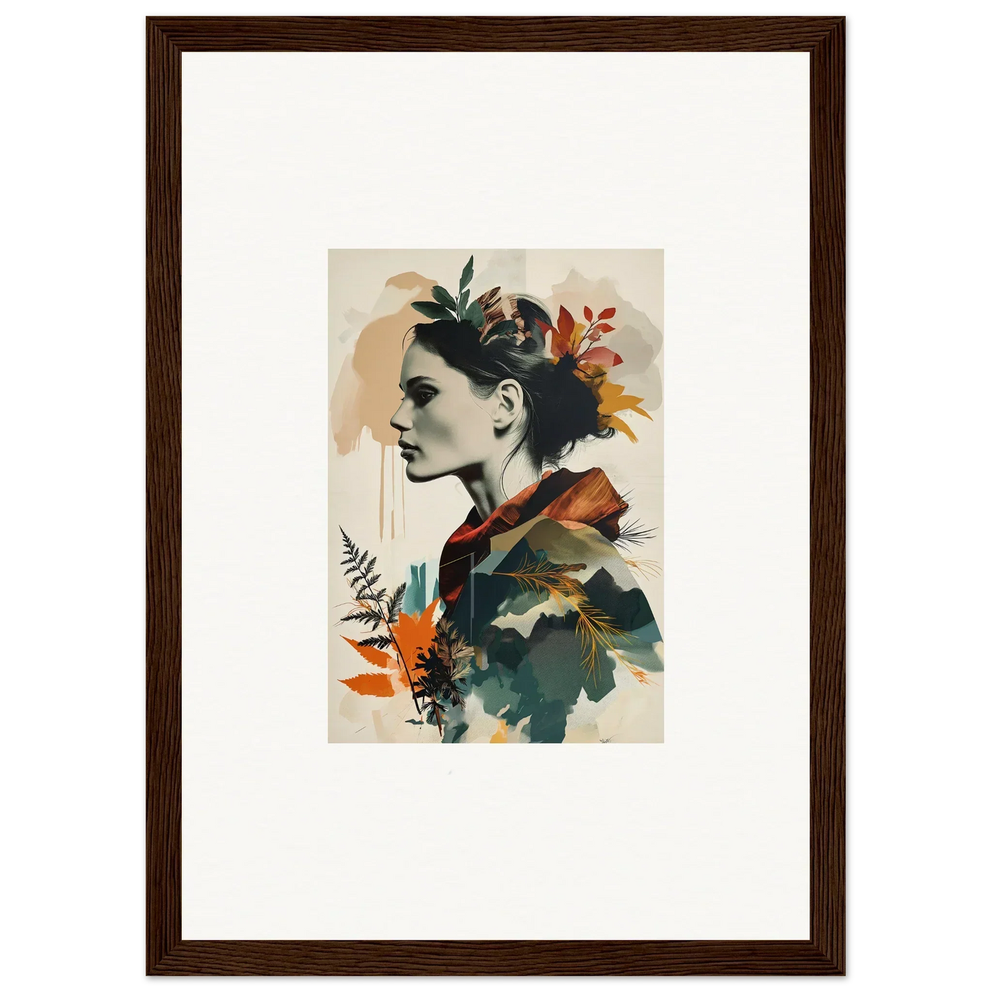 Framed wall art of a woman’s profile with autumn leaves for stunning room decor