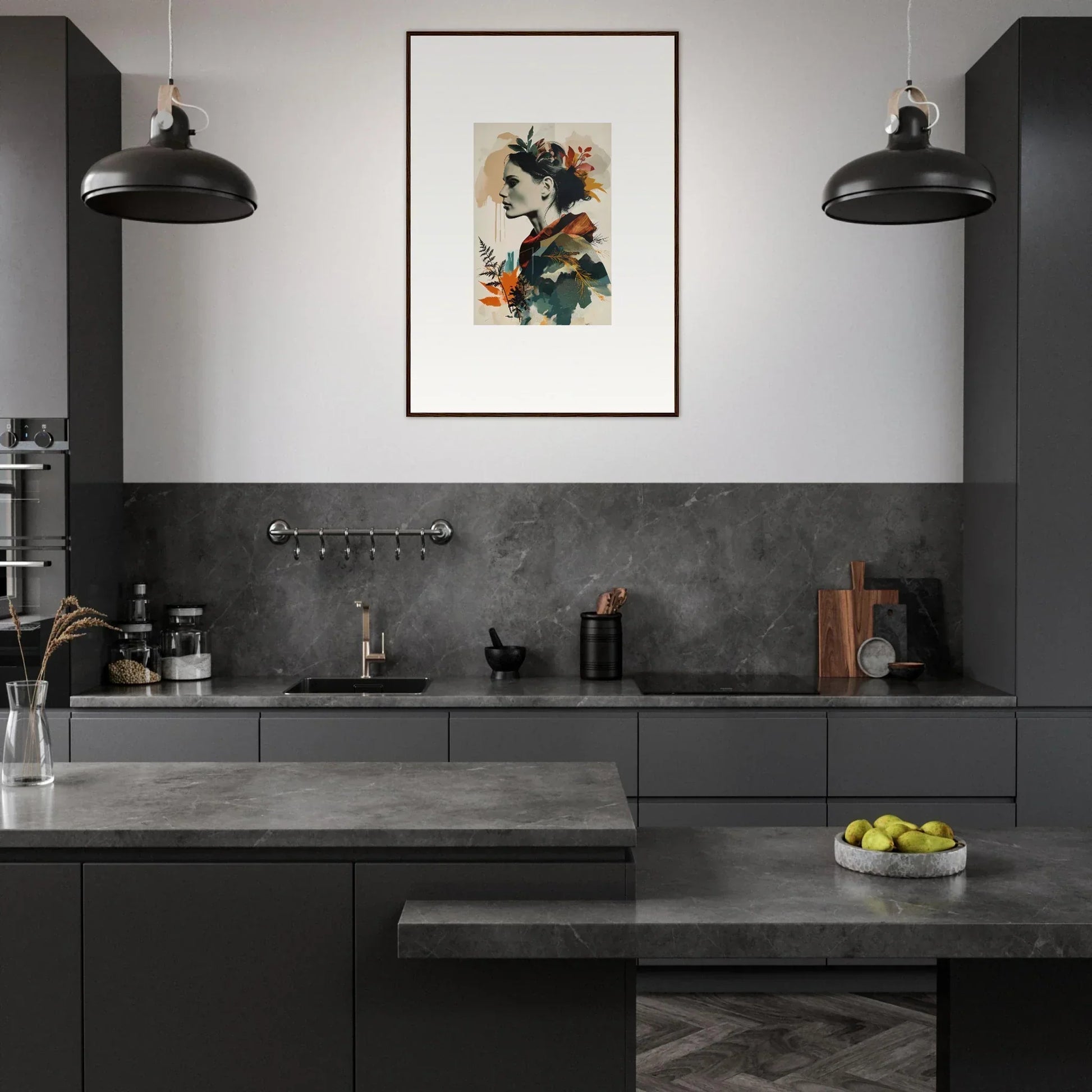 Modern kitchen featuring dark cabinetry, gray countertops, and Autumn Waltz wall art