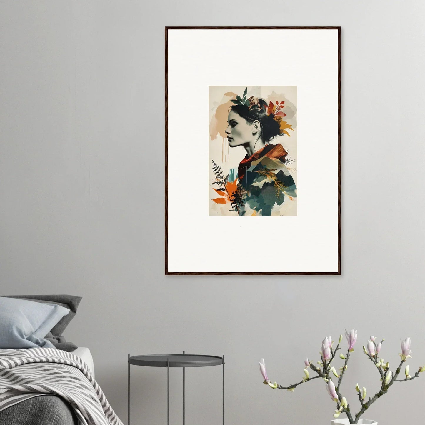 Framed wall art of a profile portrait with floral elements in Nocturnal Autumn Waltz design