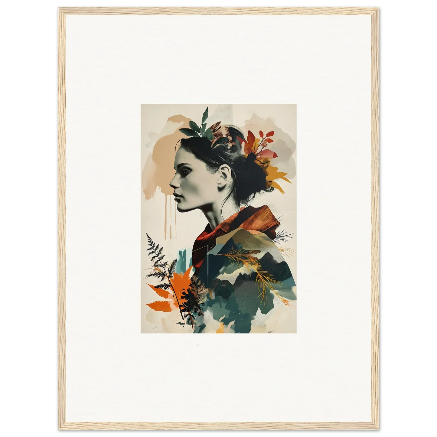 Artistic portrait of a woman with autumn leaves for Autumn Waltz framed wall art decor