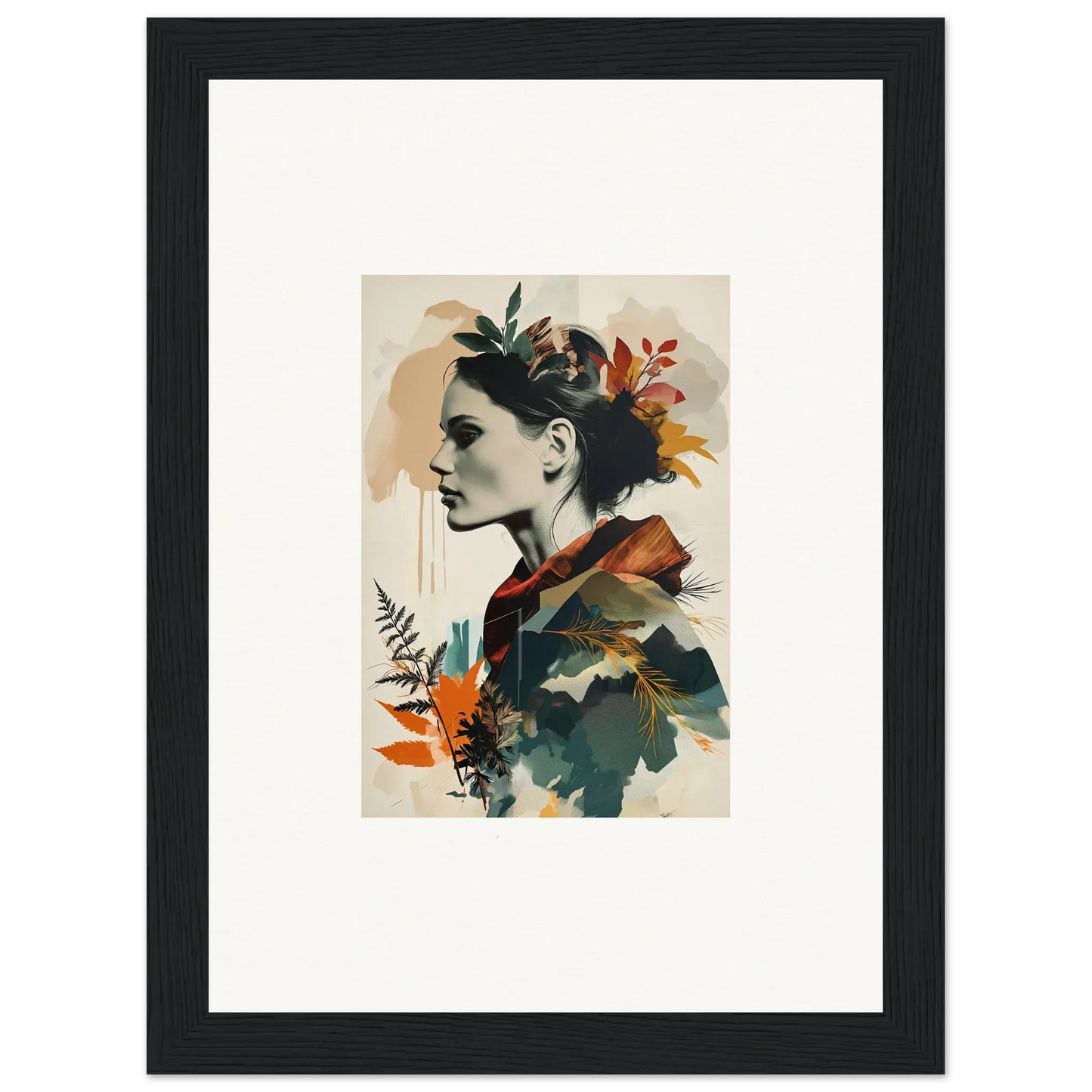 Framed wall art of a profile portrait blended with autumn leaves for room decor