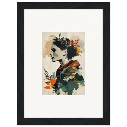 Framed wall art of a profile portrait blended with autumn leaves for room decor