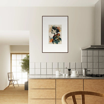 Framed wall art of Nocturnal Autumn Waltz enhances kitchen room decor with abstract style