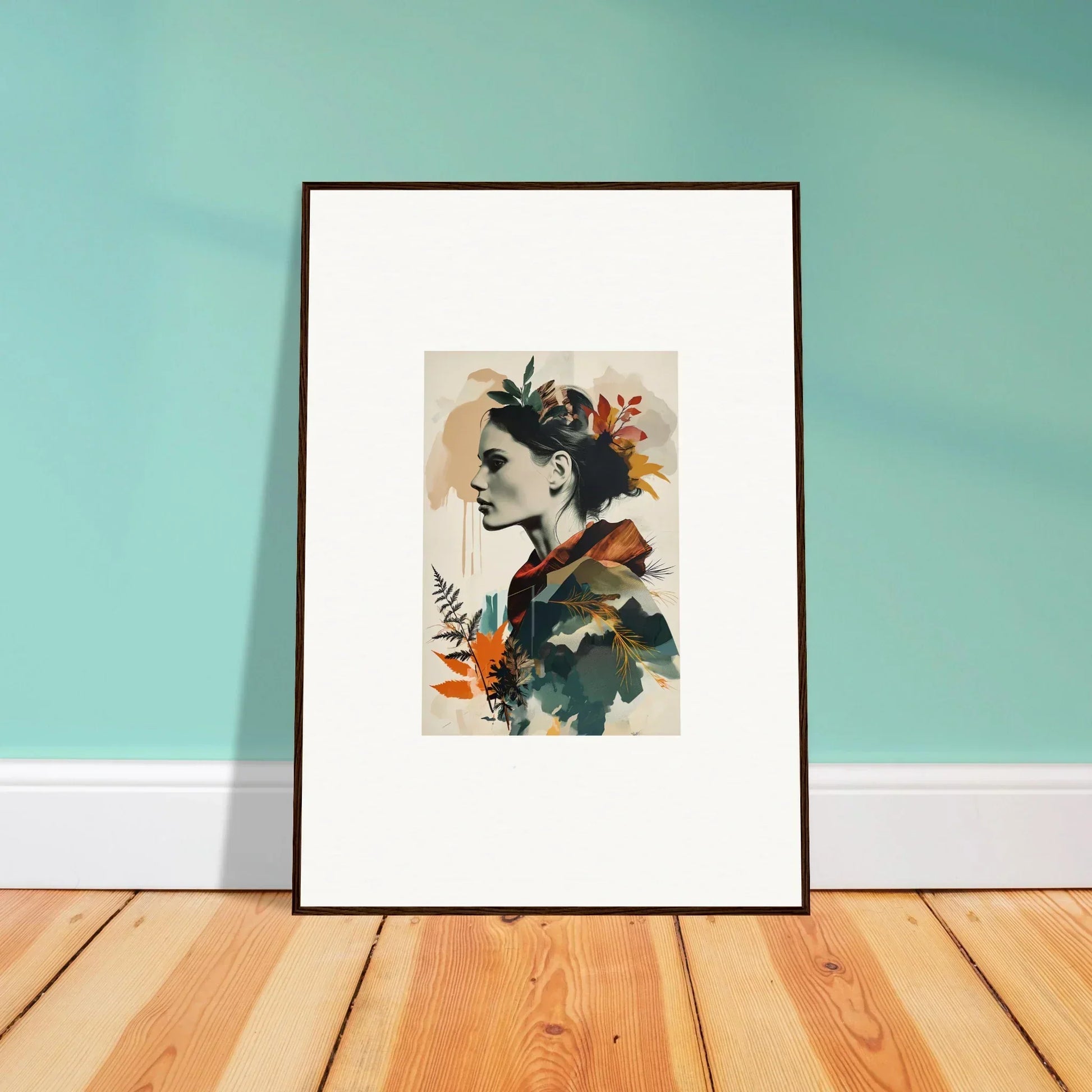 Framed wall art featuring a profile portrait with floral elements for autumn waltz room decor