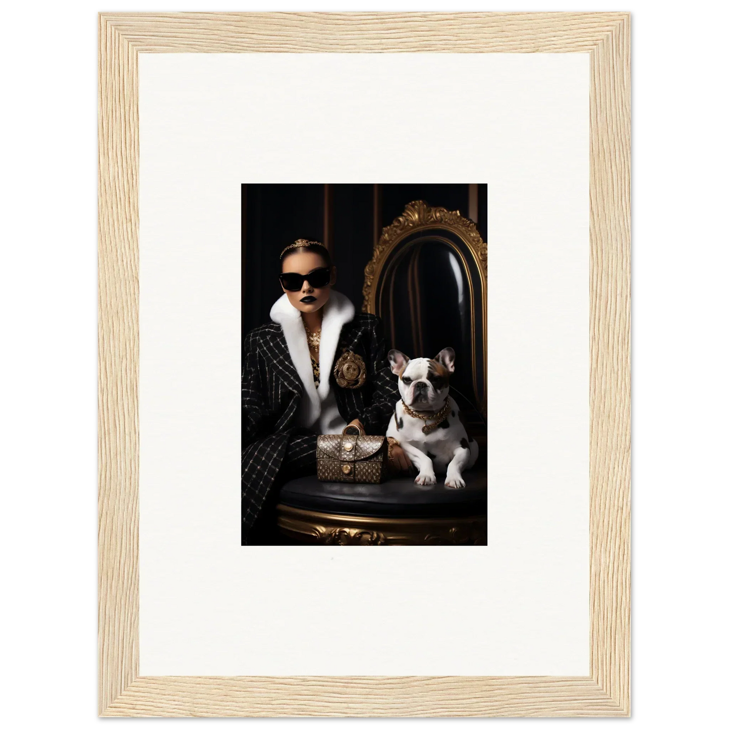 Framed portrait of Nocturnal Bohemian Dialogue with sunglasses, fur coat, and French Bulldogs