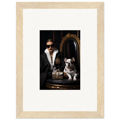 Framed portrait of Nocturnal Bohemian Dialogue with sunglasses, fur coat, and French Bulldogs