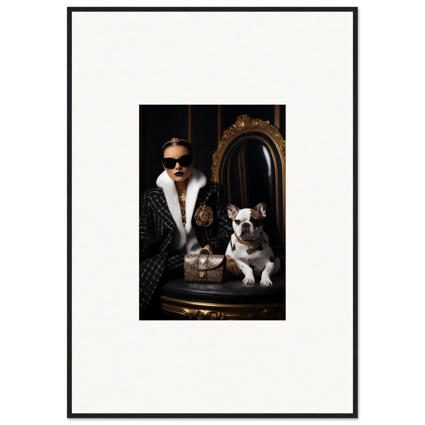 Framed black and white photo of a stylish person with sunglasses and a French Bulldog in Nocturnal Bohemian Dialogue