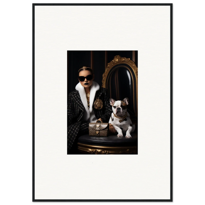 Framed black and white photo of a stylish person with sunglasses and a French Bulldog in Nocturnal Bohemian Dialogue