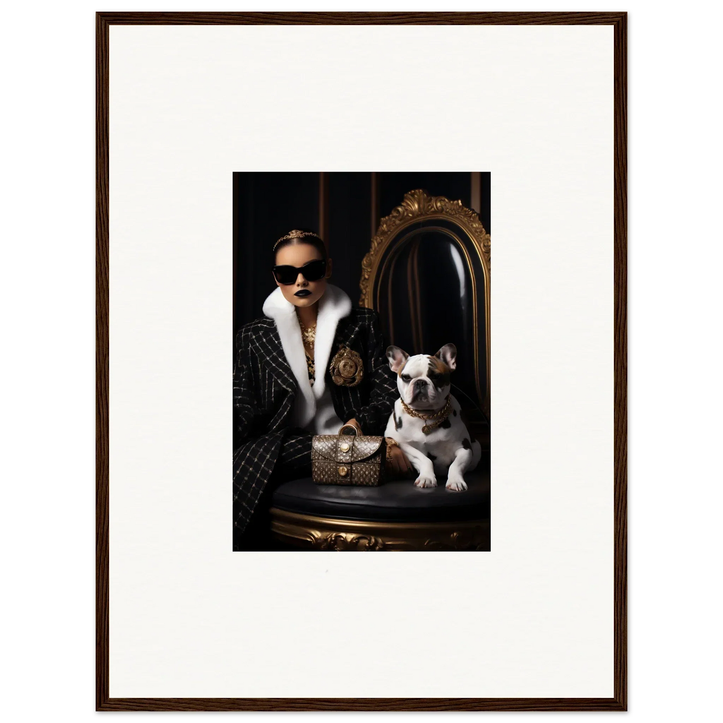 Framed photo of a stylish person in a quilted coat with sunglasses and a French Bulldog in Nocturnal Bohemian Dialogue