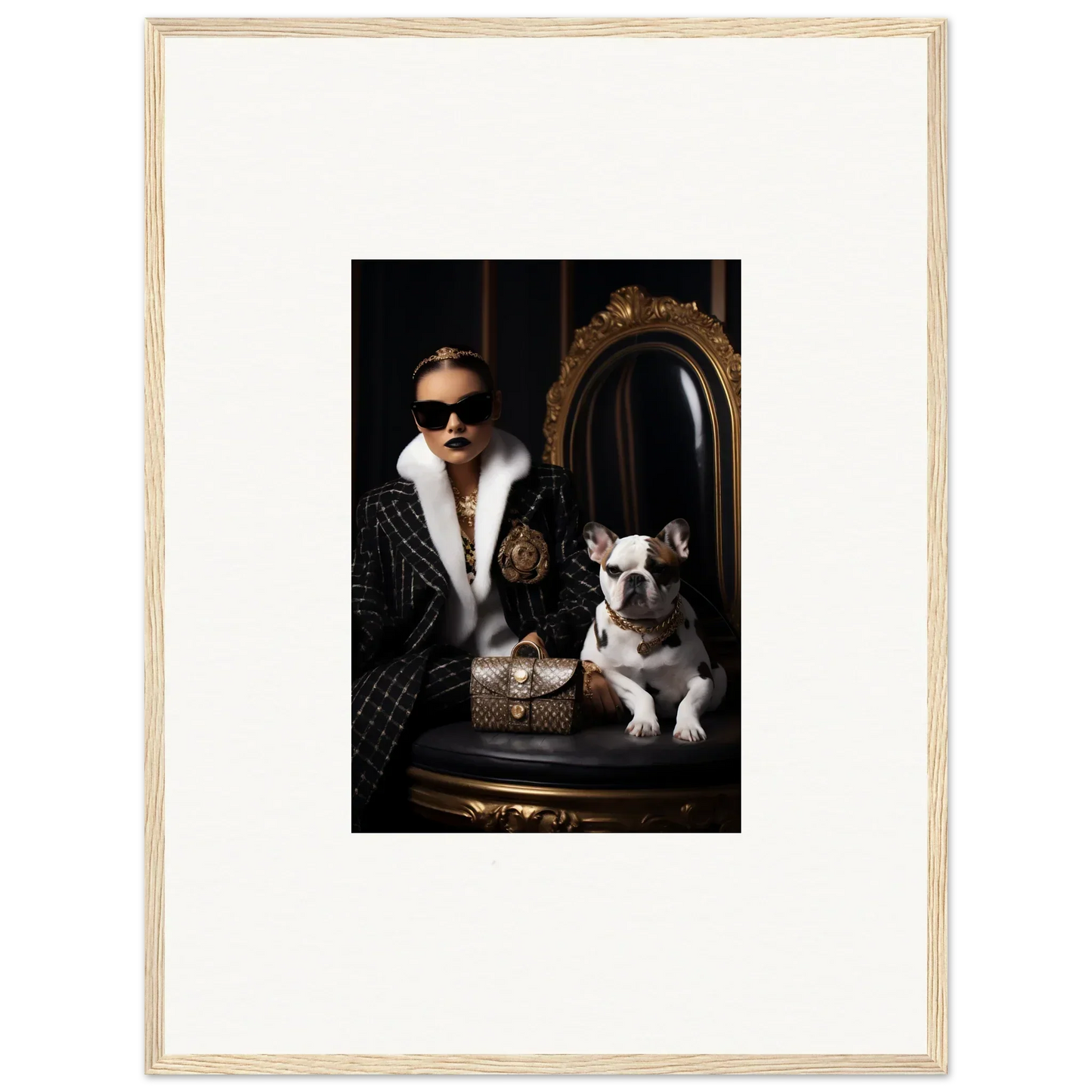 Framed photo of a stylish person in sunglasses with two dogs, Nocturnal Bohemian vibes