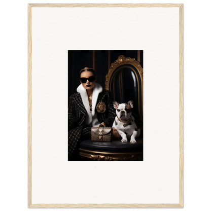 Framed photo of a stylish person in sunglasses with two dogs, Nocturnal Bohemian vibes