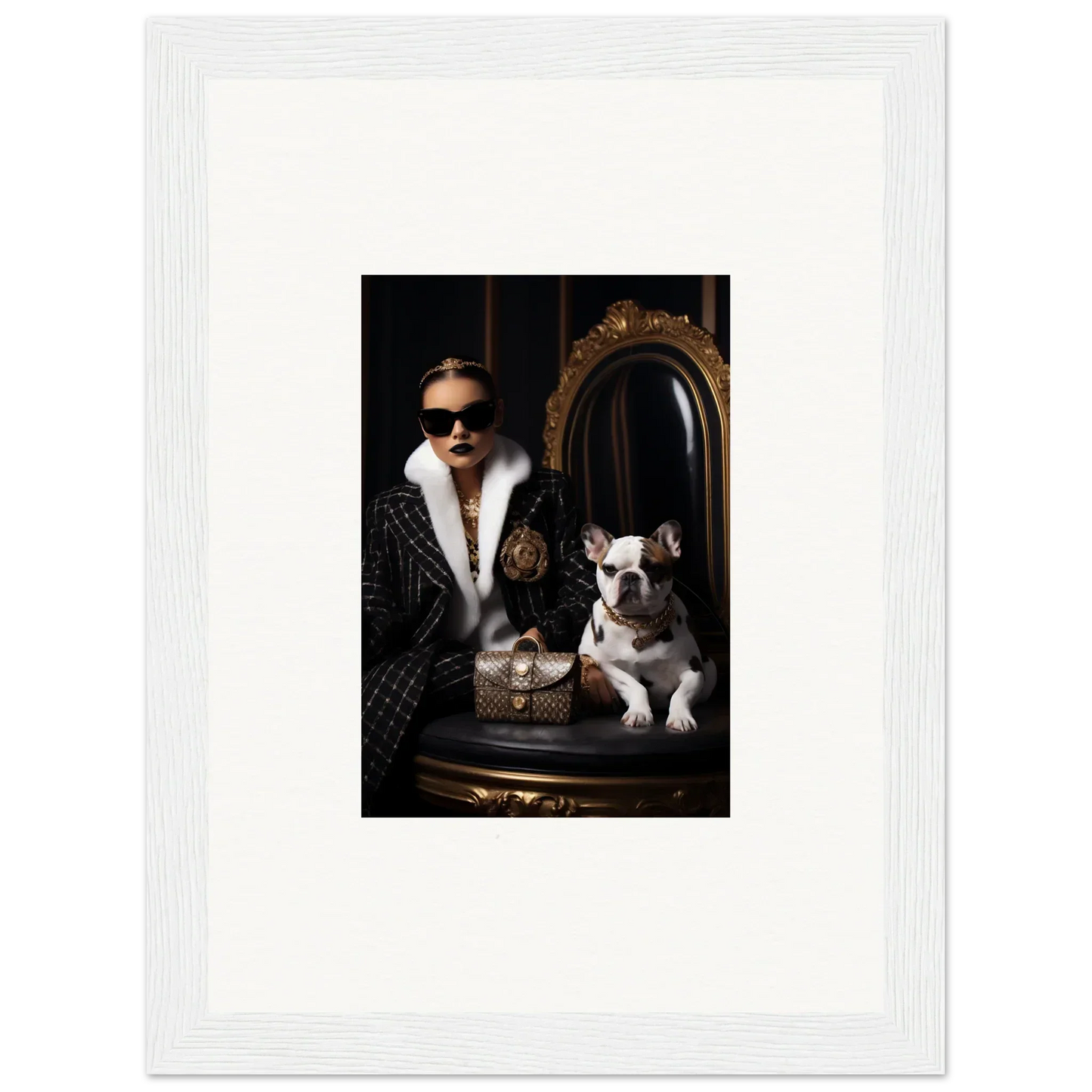 Stylish portrait with sunglasses and fur coat beside a French Bulldog in Nocturnal Bohemian Dialogue