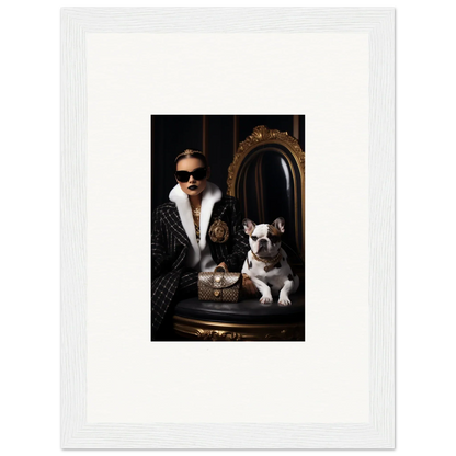 Stylish portrait with sunglasses and fur coat beside a French Bulldog in Nocturnal Bohemian Dialogue