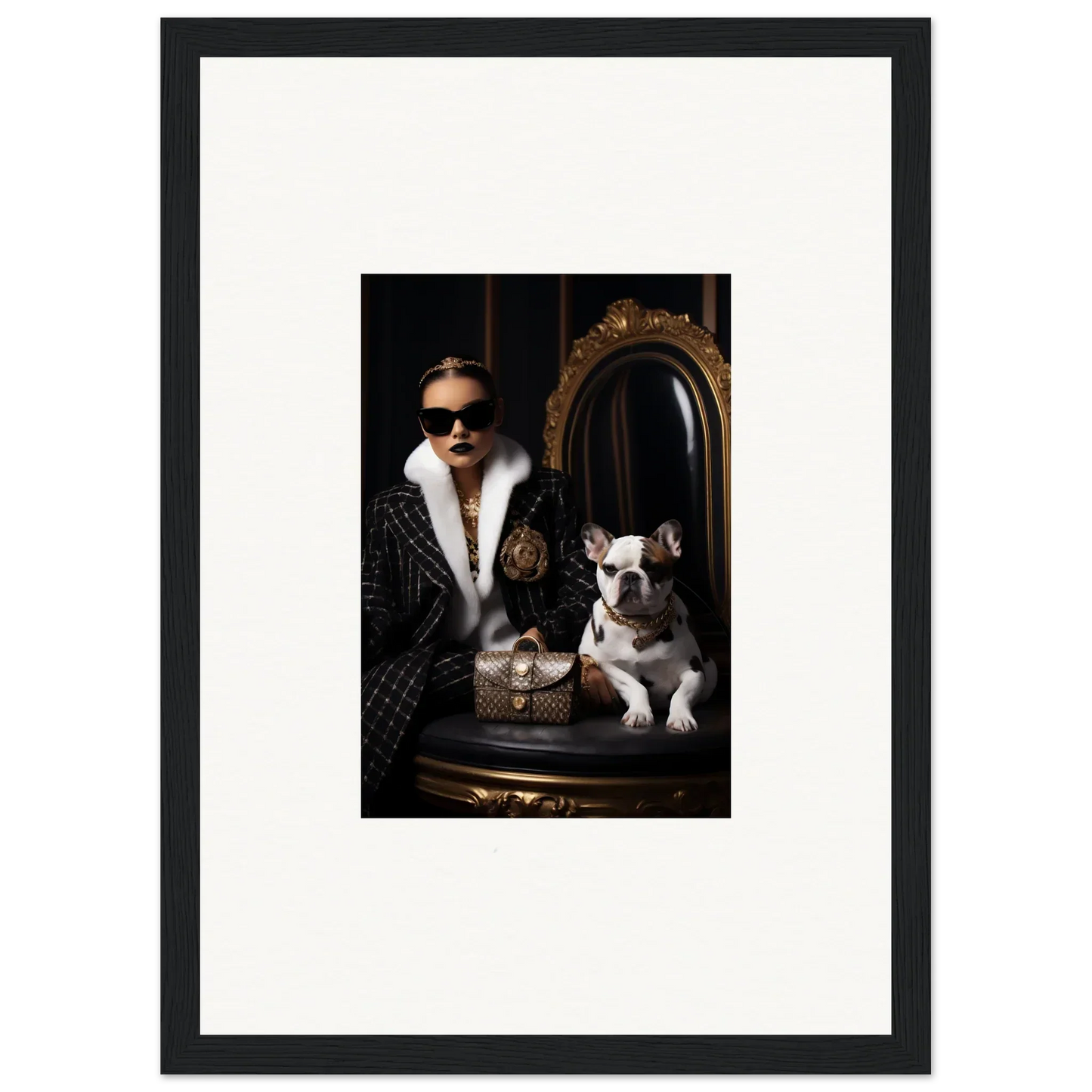 Framed black and white photo of stylish person with French Bulldog in Nocturnal Bohemian Dialogue