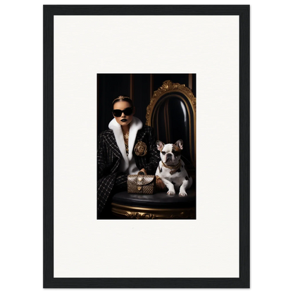 Framed black and white photo of stylish person with French Bulldog in Nocturnal Bohemian Dialogue