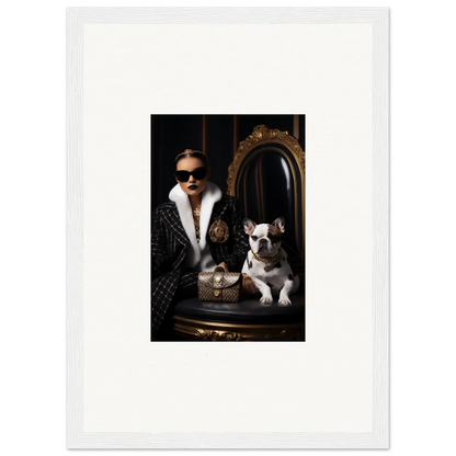 Chic portrait of a French Bulldog in a fur coat, highlighting Nocturnal Bohemian Dialogue