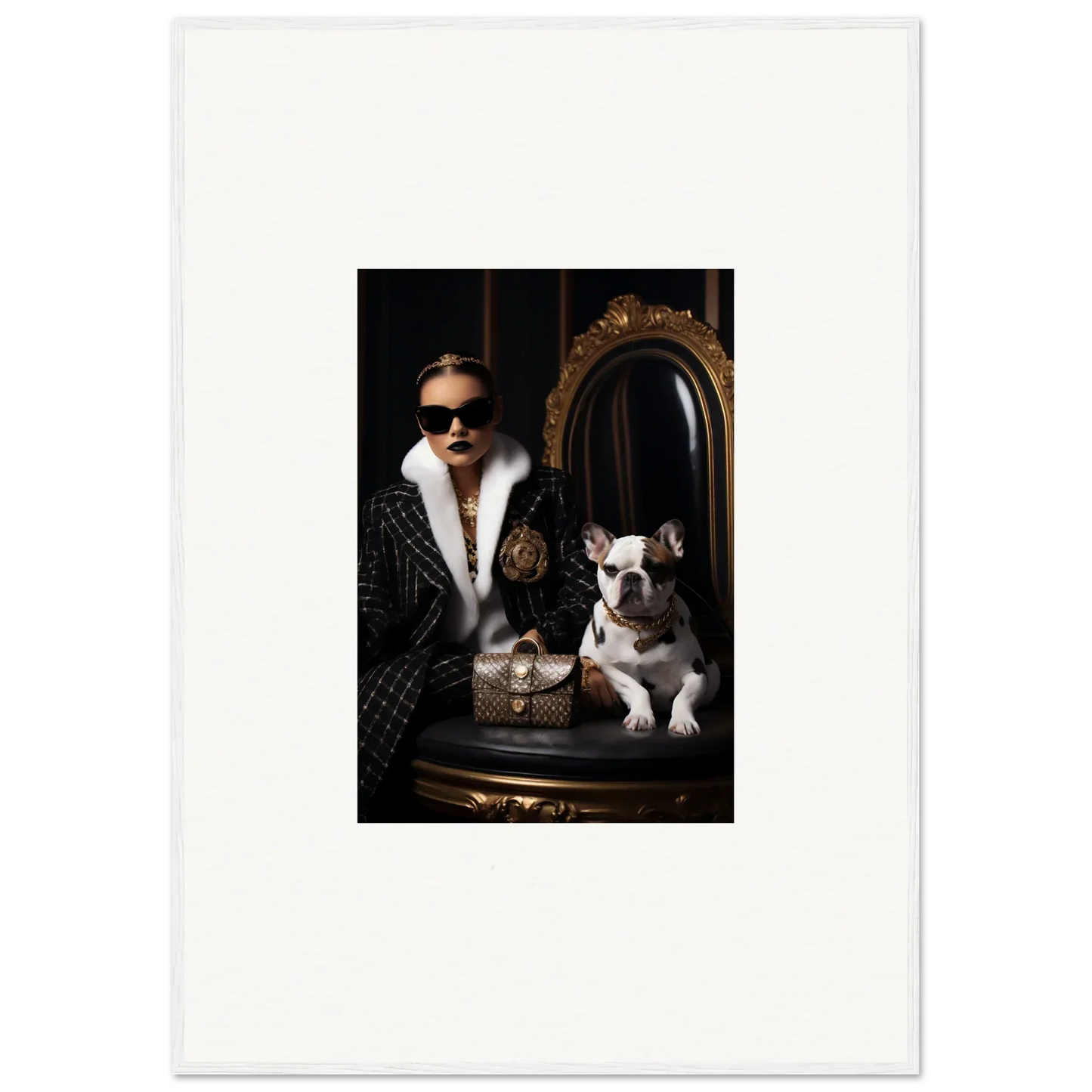 Stylish black winter coat with white fur trim and a French Bulldog in Nocturnal Bohemian Dialogue